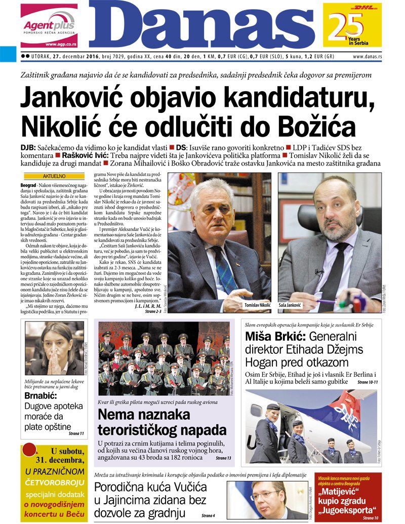 Naslovna za utorak 27.12.2016 1