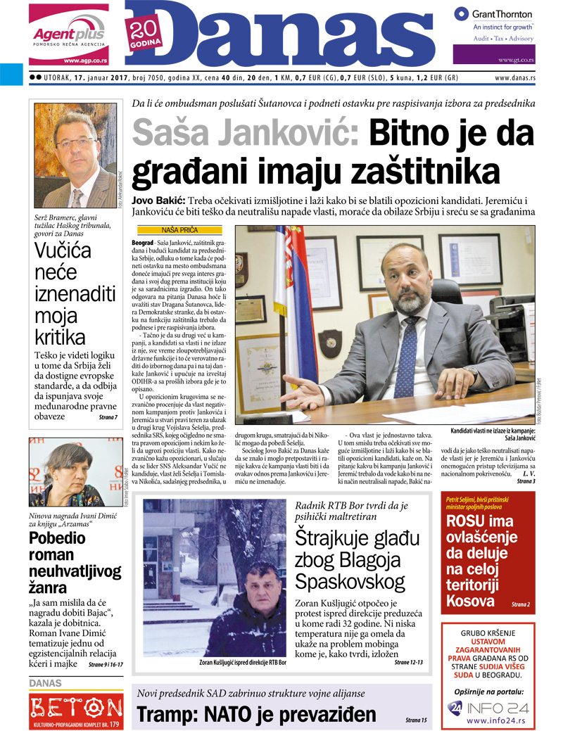 Naslovna za utorak 17.01.2017 1