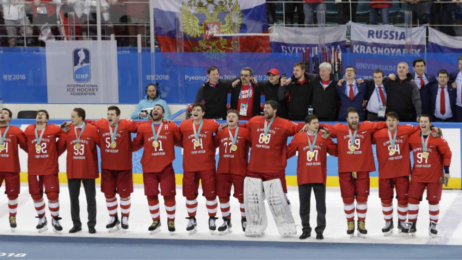 Hokejaši Rusije olimpijski pobednici, svirana hima u Pjongčangu 1
