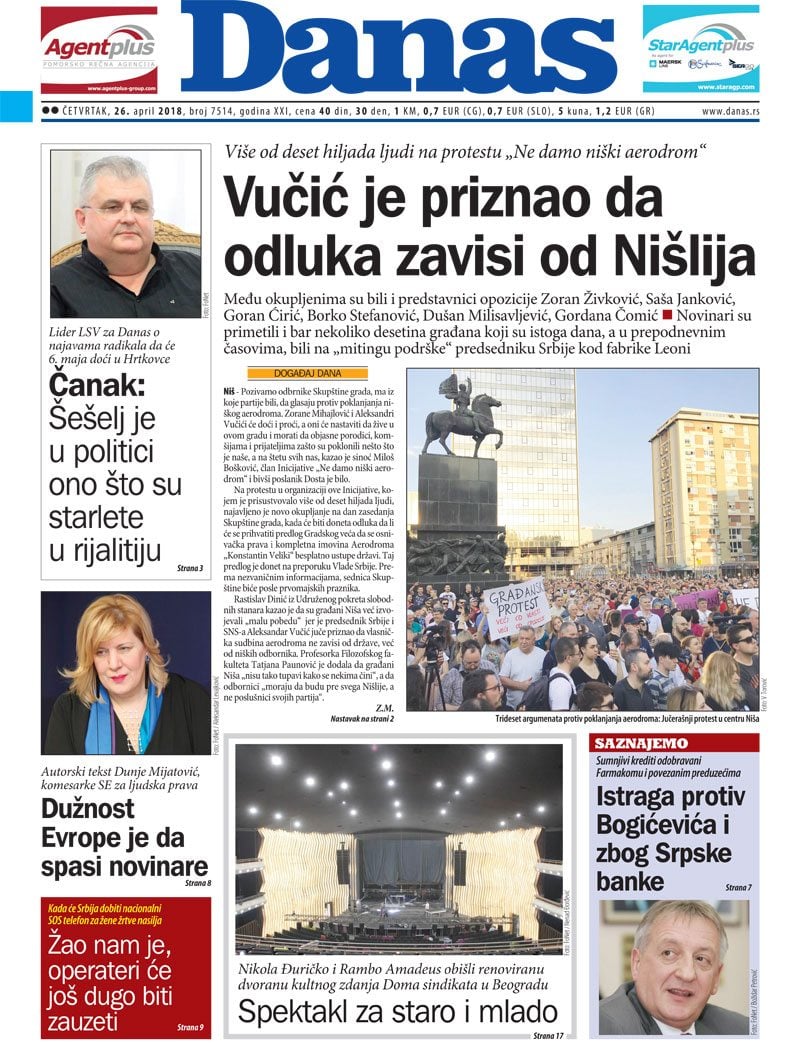 Naslovna strana za 26. april 2018. 1