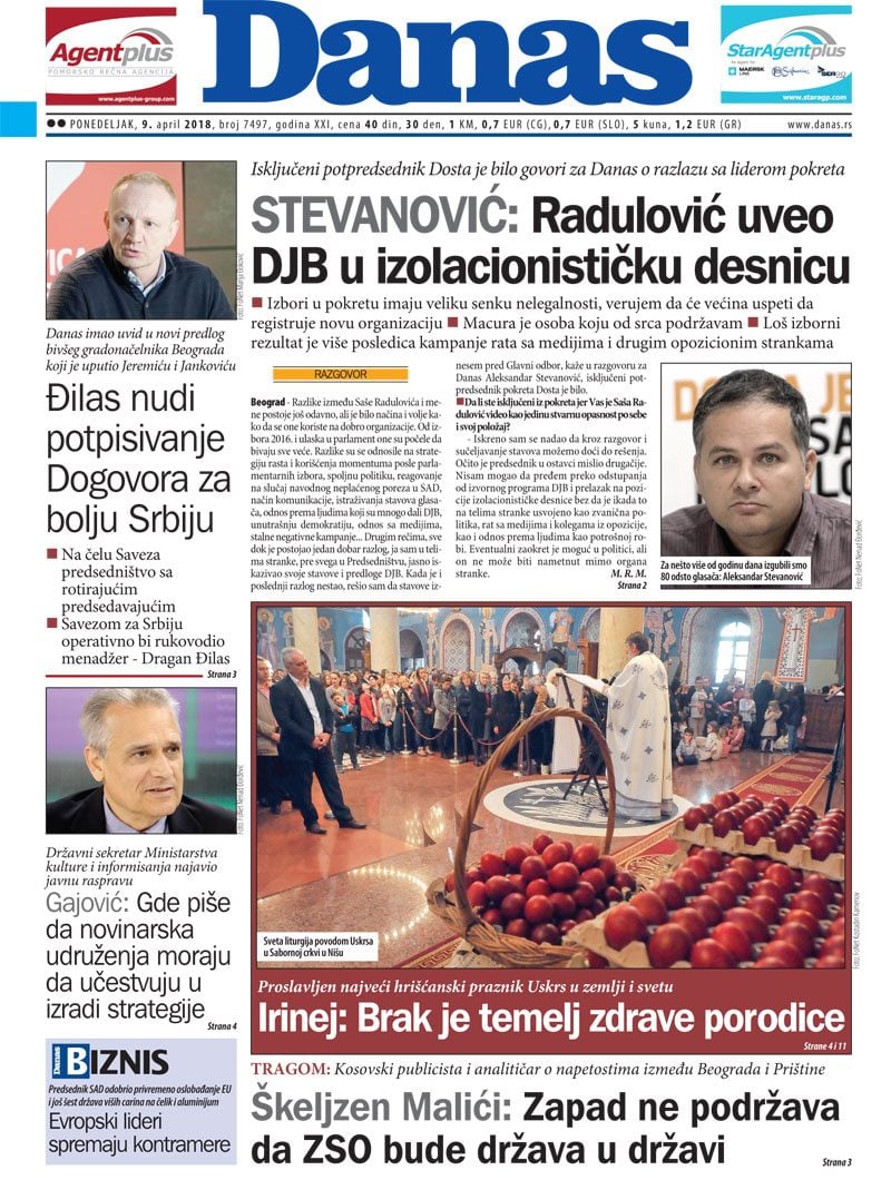 Naslovna strana za 9. april 2018. 1