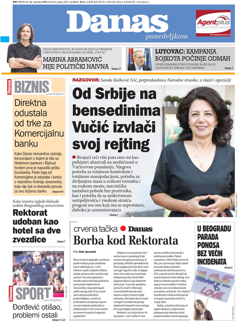 Naslovna za 16. septembar 2019. 1