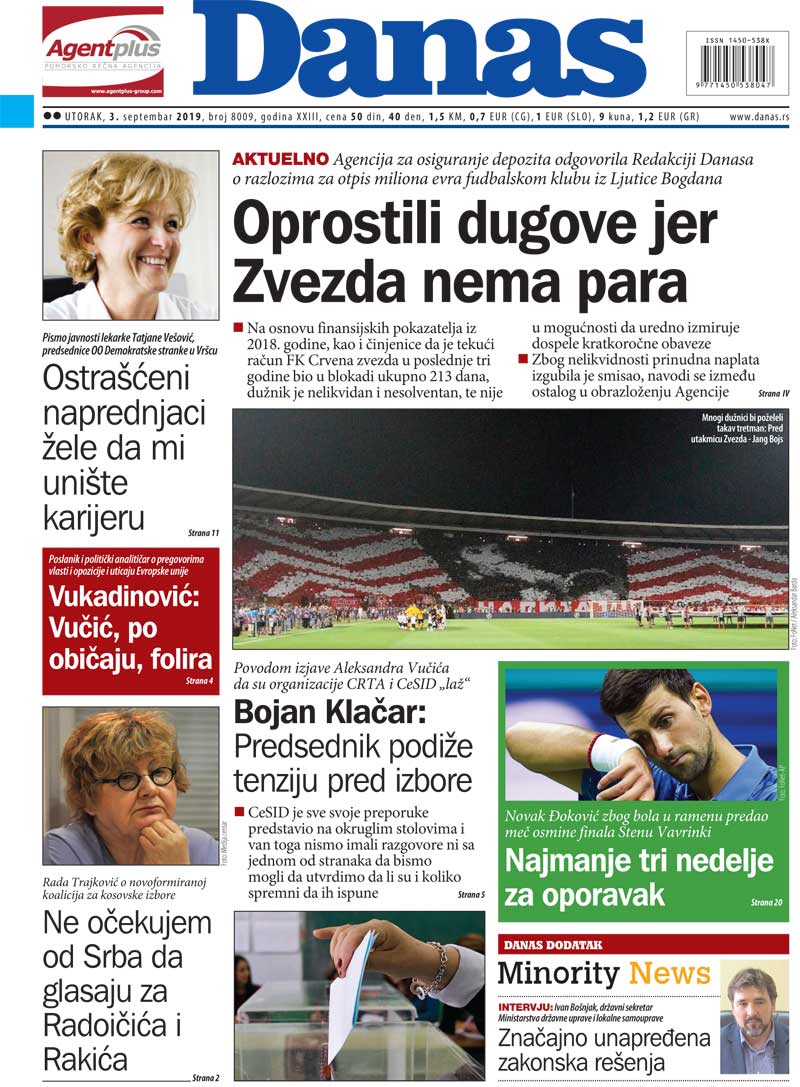 Naslovna za 3. septembar 2019. 1