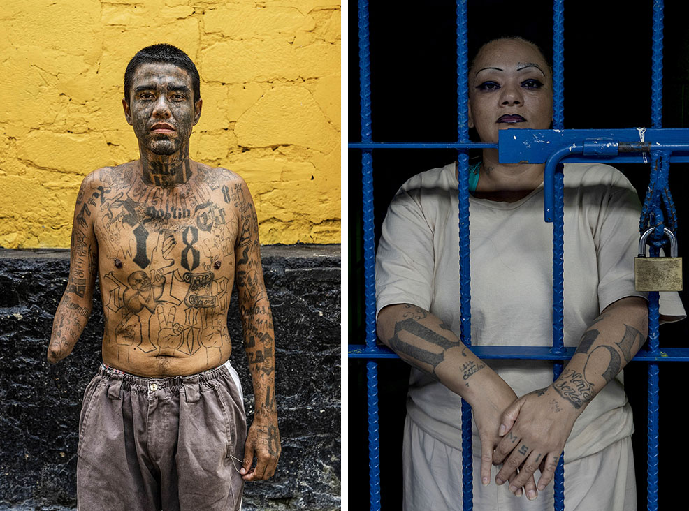 Carlos, last name not given, (38) stands for a photograph at the Penal San Francisco Gótera, El Salvador. November 8, 2018. Right - Portrait of a gang member at the Ilopango Women's Prison, El Salvador. November 6, 2018.