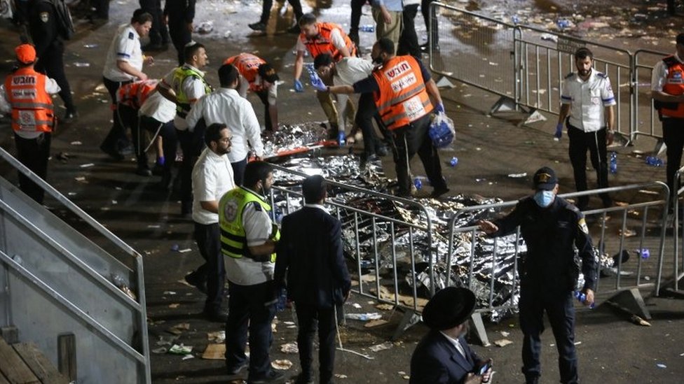 Bodies lie on the ground in Meron after a stampede at a religious festival