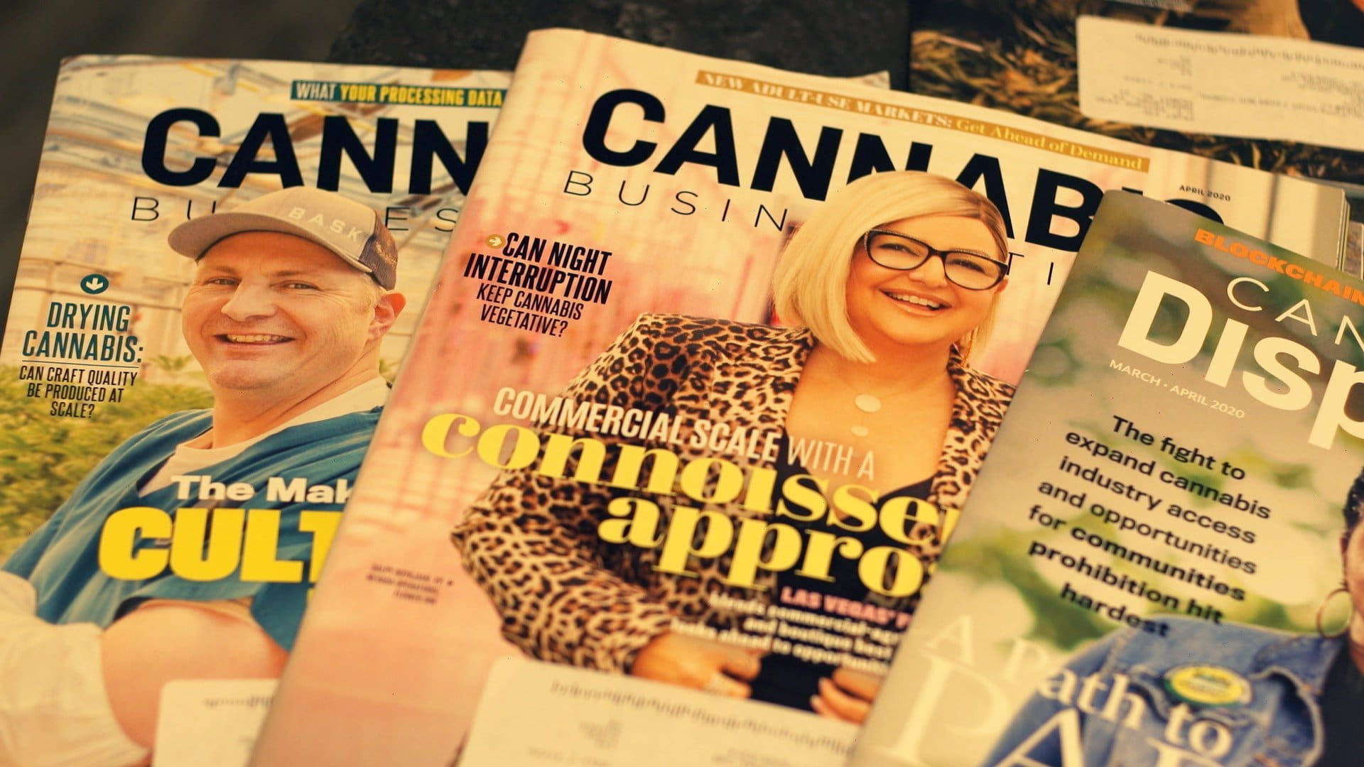 Cannabis magazines are on display in the office of Matt Stacy