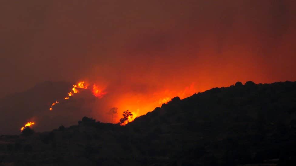 A view of the huge fire on a mountain in Larnaca region, Cyprus, 3 July 2021.