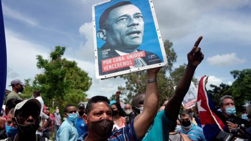 Crowd rallies in support of the Cuban government in San Antonio de los Baños, 11 July 2021