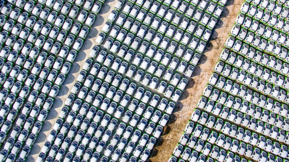 Aerial view of electric cars lining up in Huzhou, Zhejiang