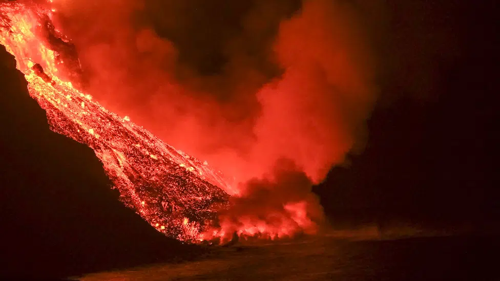 Lava reaches the sea in an area of cliffs next to Tazacortes coast in La Palma, Canary Islands, 28 September 2021