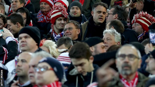 Ragnick, pictured among Leipzig fans at Borussia Dortmund in 2017, when he was the club's director of football