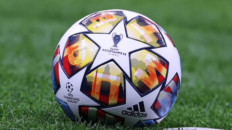 A football with an allusion to the hosting of the Uefa Champions League final by St Petersburg