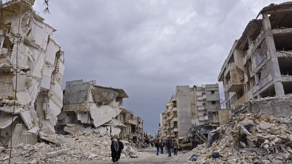 Flattened buildings in Idlib, Syria