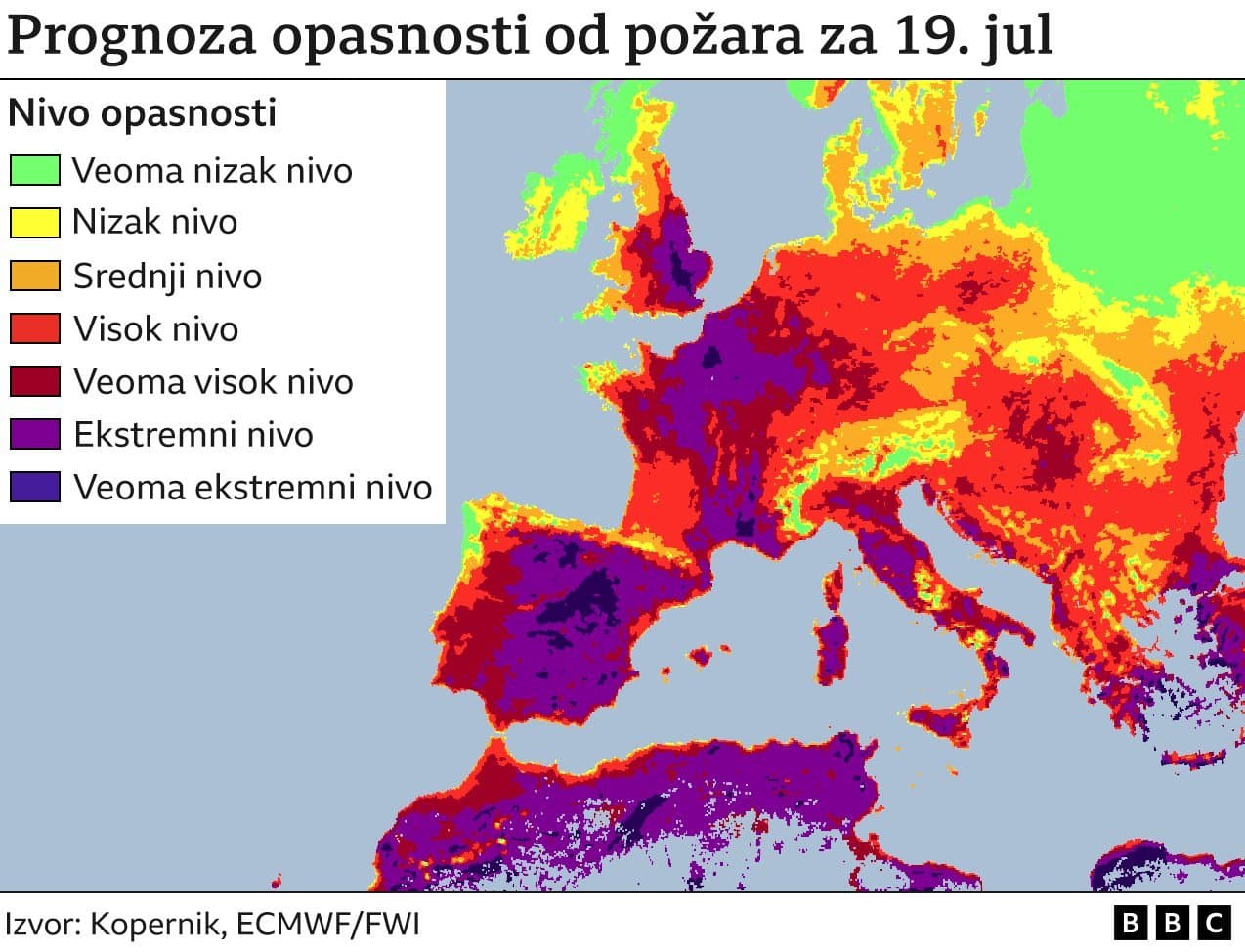 Prognoza opasnosti od požara za 19. jul