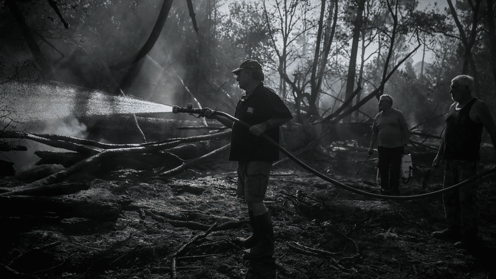 A man sprays water in a devastated forest near La Teste-de-Buch, south-western France. Photo: 9 August 2022