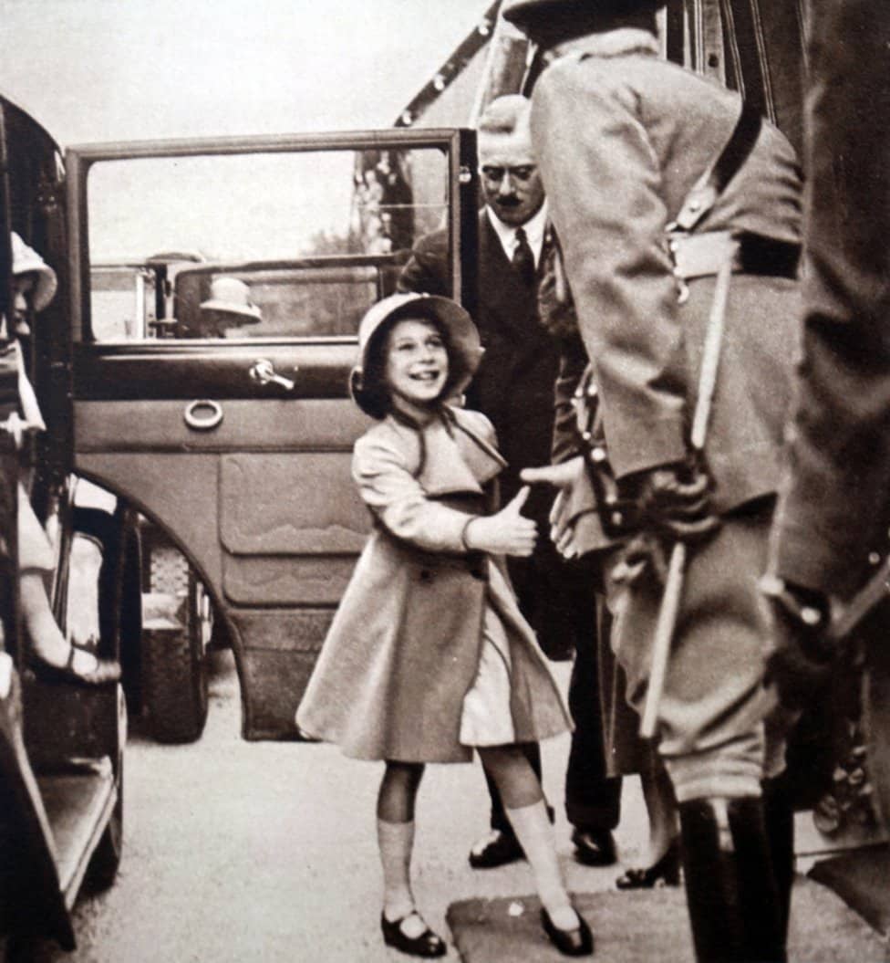 Princess Elizabeth being greeted by an official, Windsor.