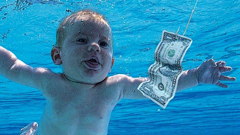 Cropped version of the artwork for Nirvana's Nevermind, featuring Spencer Elden swimming as a baby