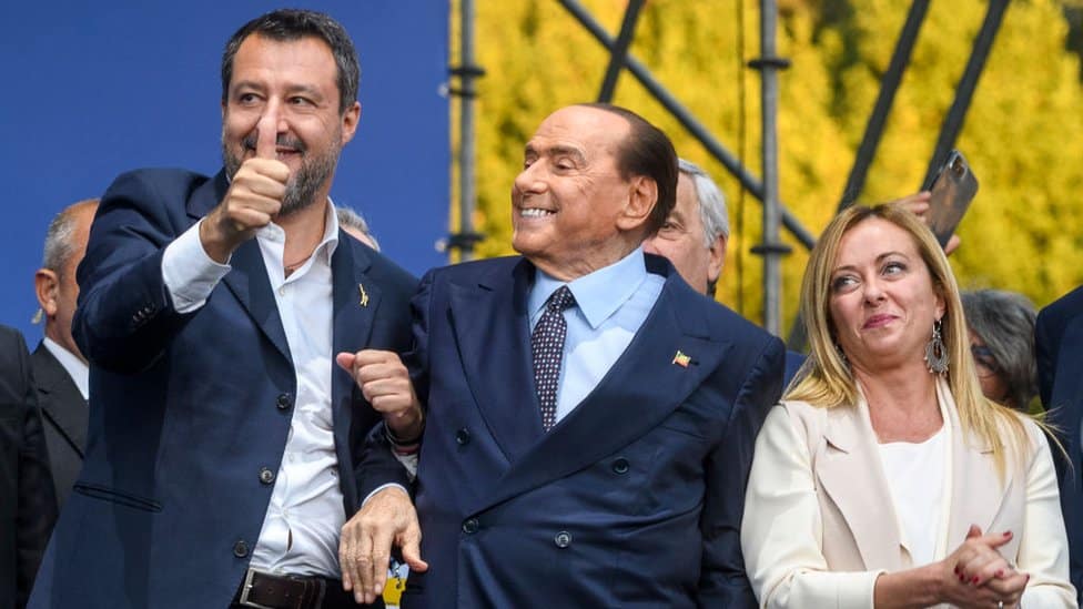 Matteo Salvini of "Lega" political party, Silvio Berlusconi of "Forza Italia" party and Giorgia Meloni of "Fratelli d'Italia" party attend a rally on 22 September in Rome