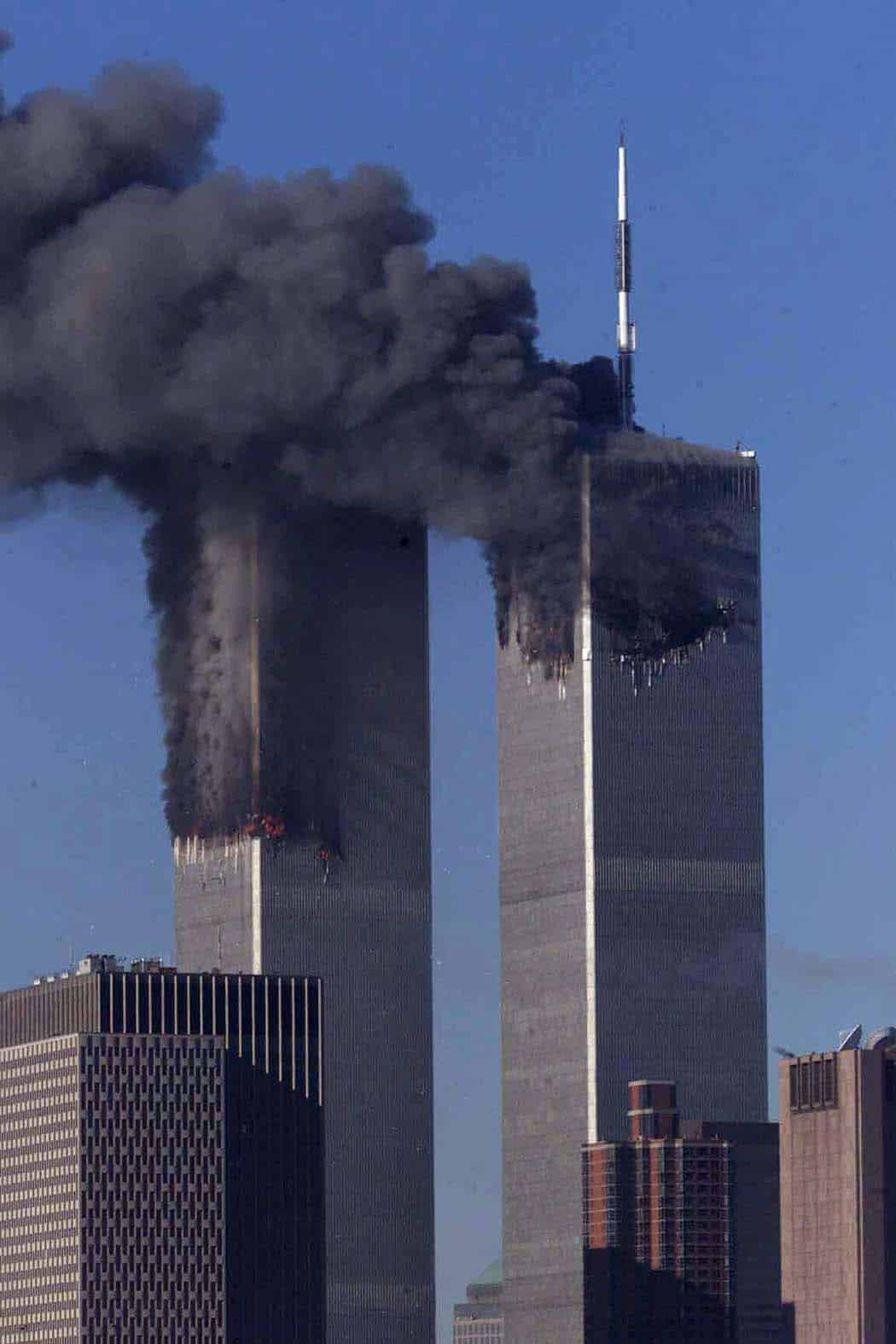 The World Trade Center towers burning shortly after being struck by airplanes