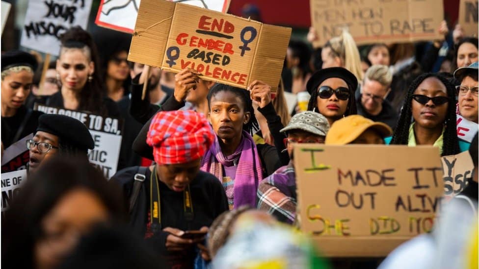 Protesters march against gender-based violence, organised by several NGOs and organisations at the JSE in Sandton on September 13, 2019 in Sandton, South Africa.