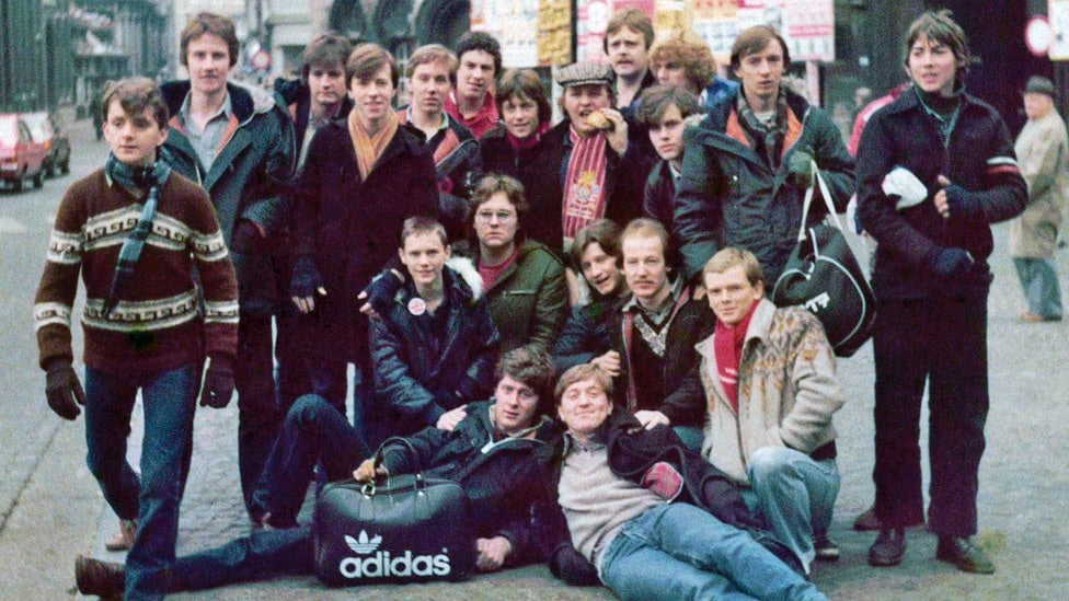 Photograph of a group of Liverpool fans in Brussels in 1978