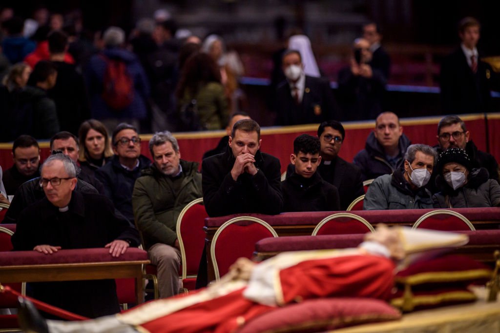 Former Pope Benedict XVI at his lying-in-state in the Vatican