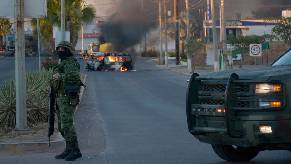 A cargo vehicle in flames in Mexico's Sinaloa state