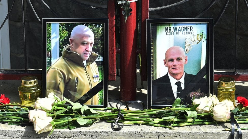 A view shows portraits of Russian mercenary chief Yevgeny Prigozhin and Wagner group commander Dmitry Utkin