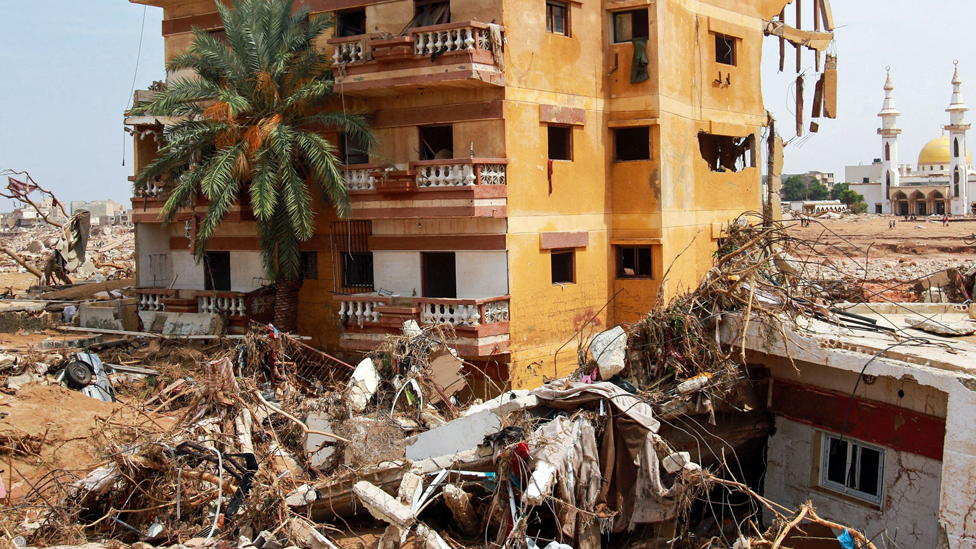 An area damaged by flash floods is pictured in Derna, eastern Libya - 11 September 2023