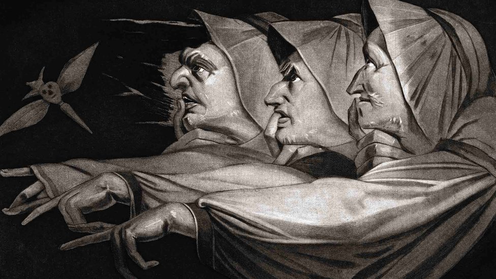 A 19th Century print by Swiss artist Henry Fuseli illustrating Act I, Scene I of Macbeth by WIlliam Shakespeare in which three witches cast a spell,