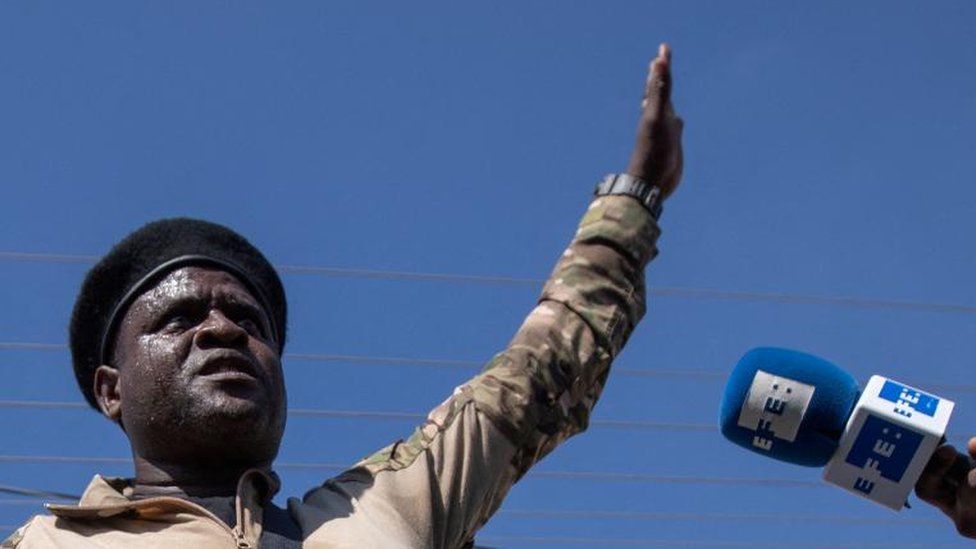 Former police officer Jimmy "Barbecue" Cherizier, leader of the 'G9' coalition, speaks during a press tour of the La Saline shanty area of Port-au-Prince, Haiti 3 November 3 2021.