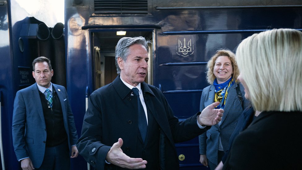 US Secretary of State Antony Blinken is greeted by US Ambassador to Ukraine Bridget A. Brink after arriving by train at Kyiv-Pasazhyrskyi station on 14 May 2024, in Kyiv, Ukraine