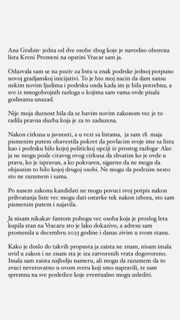 Zašto se voditeljka Ana Grubin "povukla" sa listi Kreni-Promeni za beogradske izbore? 2