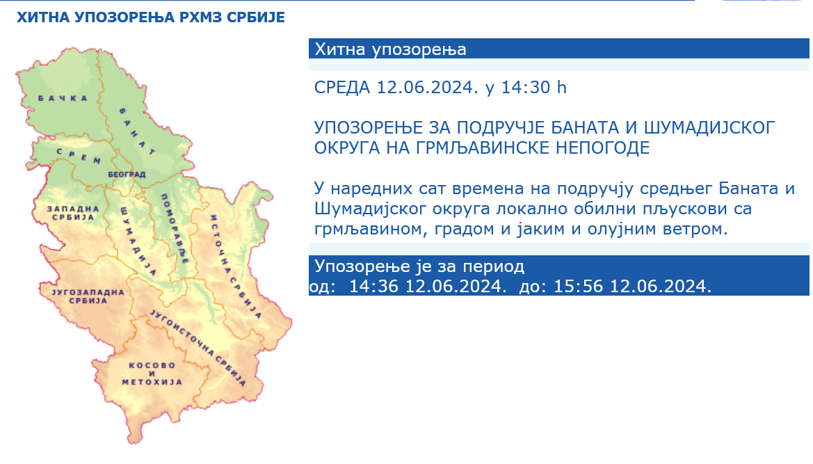 Slede grmljavinske nepogode u ovim delovima Srbije: Hitno upozorenje RHMZ 2