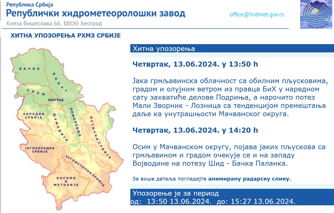 RHMZ izdao čak dva hitna upozorenja za 30 minuta: U ovim delovima Srbije biće oluja, grmljavine i grada 1