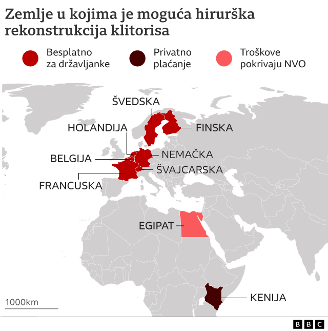 Mapa zemalja u kojima je omogućena na različite načine rekonstrukcija klitorisa