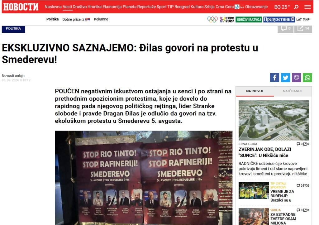 "Đilas i Šormaz neće večeras govoriti u Smederevu na protestu protiv Rio Tinta, režim podvaljuje lažne plakate" 2
