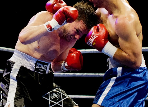 Barry Groenteman boxing with the star of David on his shorts