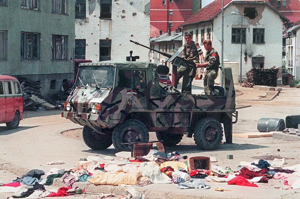 A picture dated 16 July 1995 showing a Bosnian Serb armed vehicle crew driving through the empty streets of Srebrenica after the Bosnian Serb army took this UN safe area one week ago. The International War Crime Tribunal for the former Yugoslavia in The Hague starts 13 March 2000 the first trial of a Bosnian Serb, Bosnian Serb General Radislav Krstic, accused of responsibility for the massacre at the Bosnian Muslim enclave of Srebrenica, where the worst atrocities since World War II were carried out according to a UN report. Krstic will the judges on two counts of genocide, five of crimes against humanity and one of war crimes.