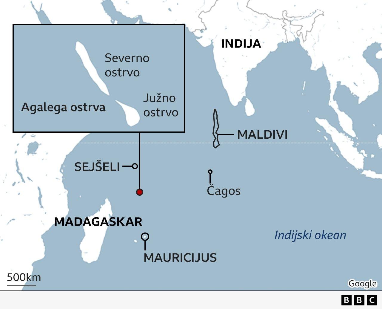 Mapa koja pokazuje lokaciju Agalega u Indijskom okeanu