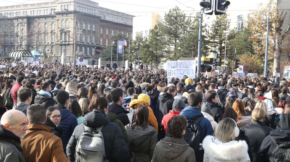 06, December, 2024, Belgrade - At 11.52, a blockade was held by students of the Faculty of Mechanical Engineering at Vuk Monument.. Photo: F. S./ATAImages 06, decembar, 2024, Beograd - U 11.52 odrzana je blokada od strane studenata Masinskog fakulteta kod Vukovog spomenika. Photo: F. S./ATAImages