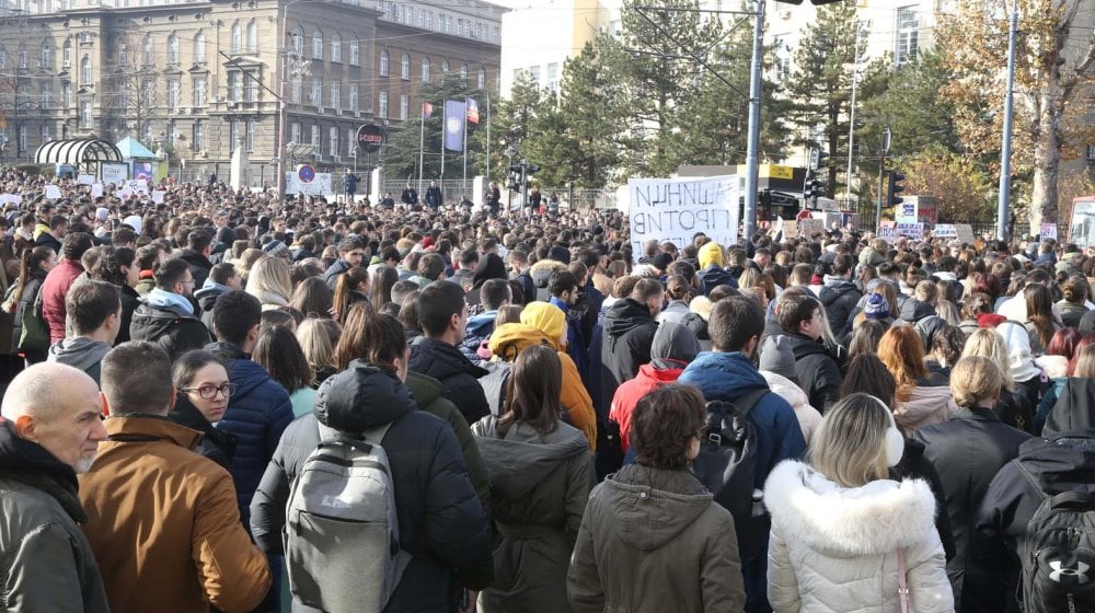 06, December, 2024, Belgrade - At 11.52, a blockade was held by students of the Faculty of Mechanical Engineering at Vuk Monument.. Photo: F. S./ATAImages 06, decembar, 2024, Beograd - U 11.52 odrzana je blokada od strane studenata Masinskog fakulteta kod Vukovog spomenika. Photo: F. S./ATAImages