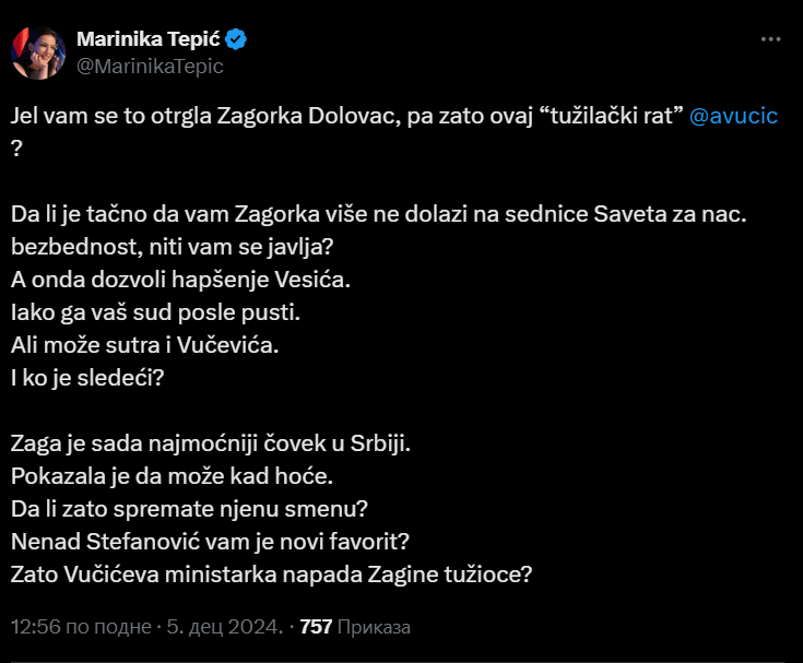 Tepić pita Vučića: Da li vam se otrgla Zagorka Dolovac pa zato spremate njenu smenu? 2