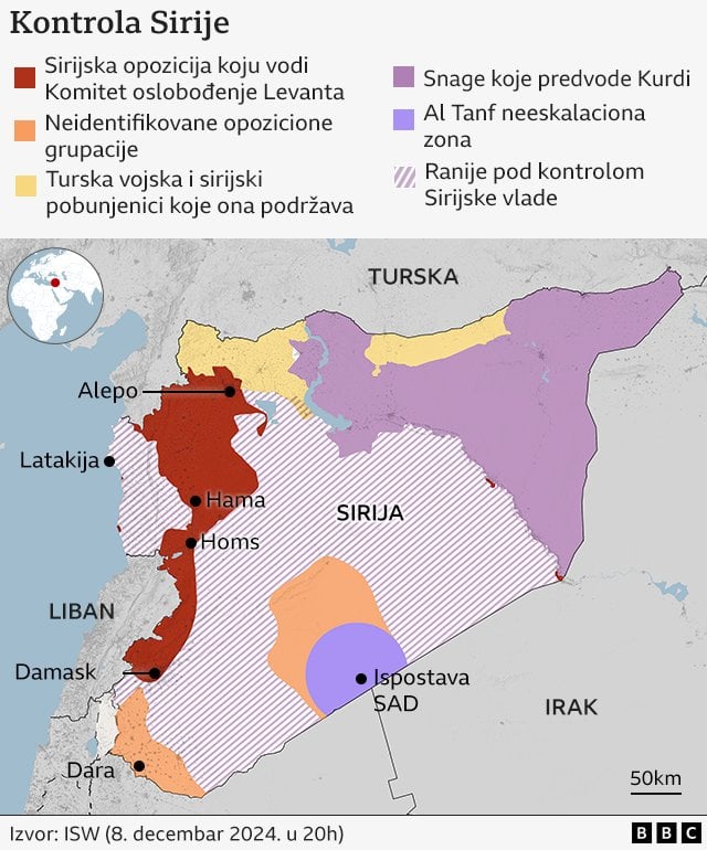 mapa Sirije u bojama koje pokazuju ko kontroliše koji deo zemlje