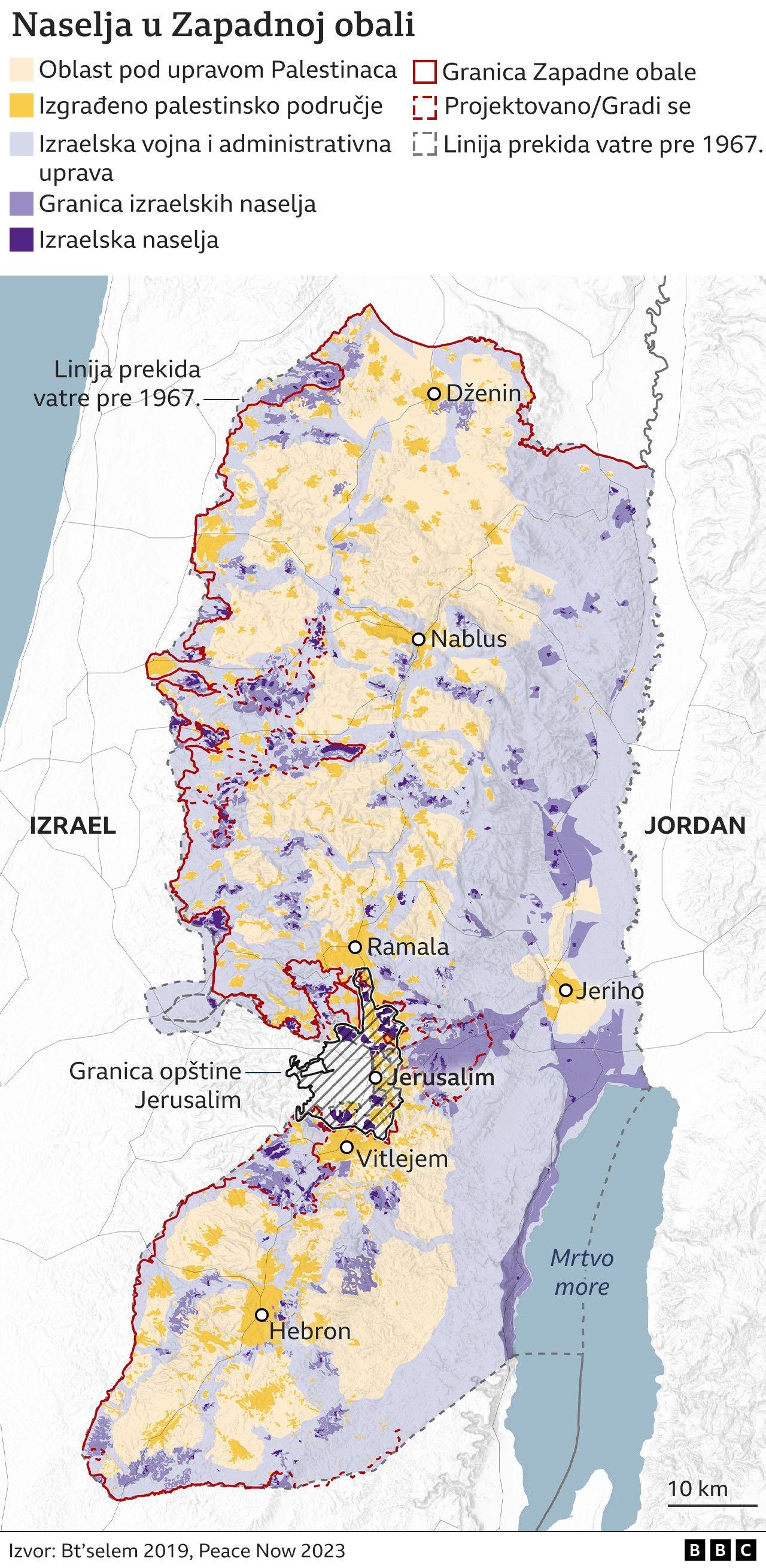 Mapa izraelskih naselja na Zapadnoj obali