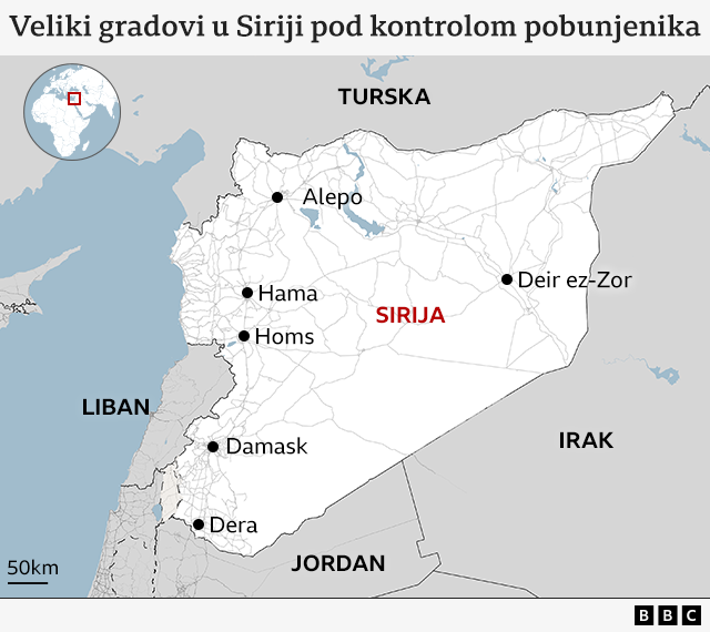 Mapa na kojoj su gradovi pod kontrolom pobunjenika